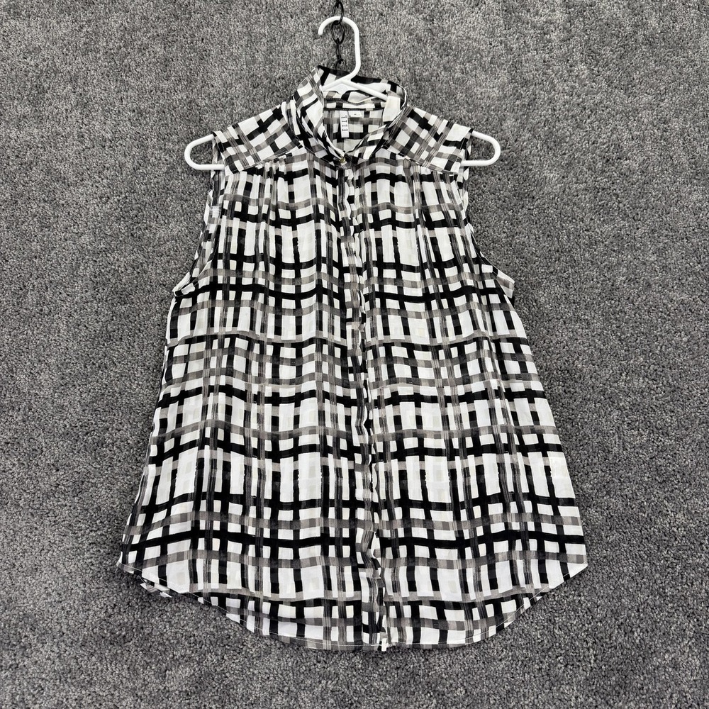 ELLE Blouse Womens Medium Gray Plaid Sleeveless Chiffon Casual Top Button